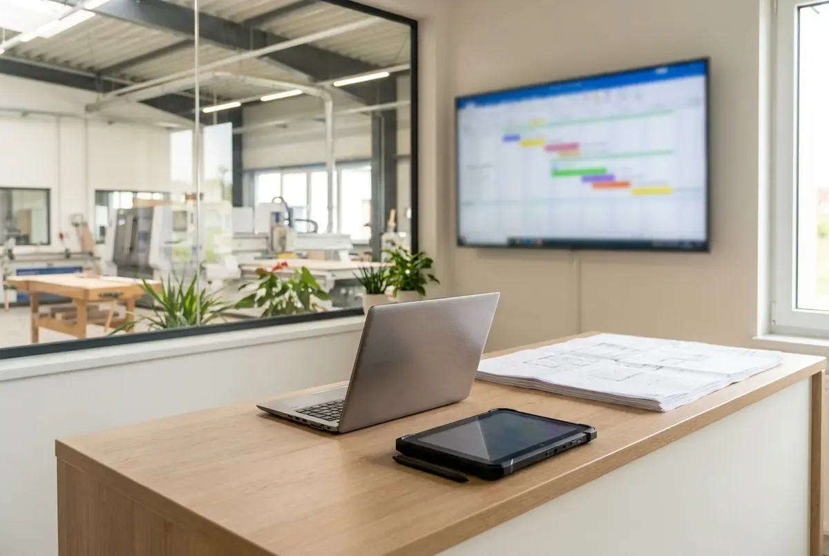 Büroecke eines modernen Handwerksbetriebs mit Laptop, Tablet und Plantafel