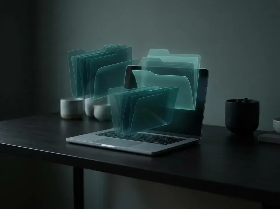 Laptop mit abstrakten Lichtströmen, Sinnbild für KI-Automation