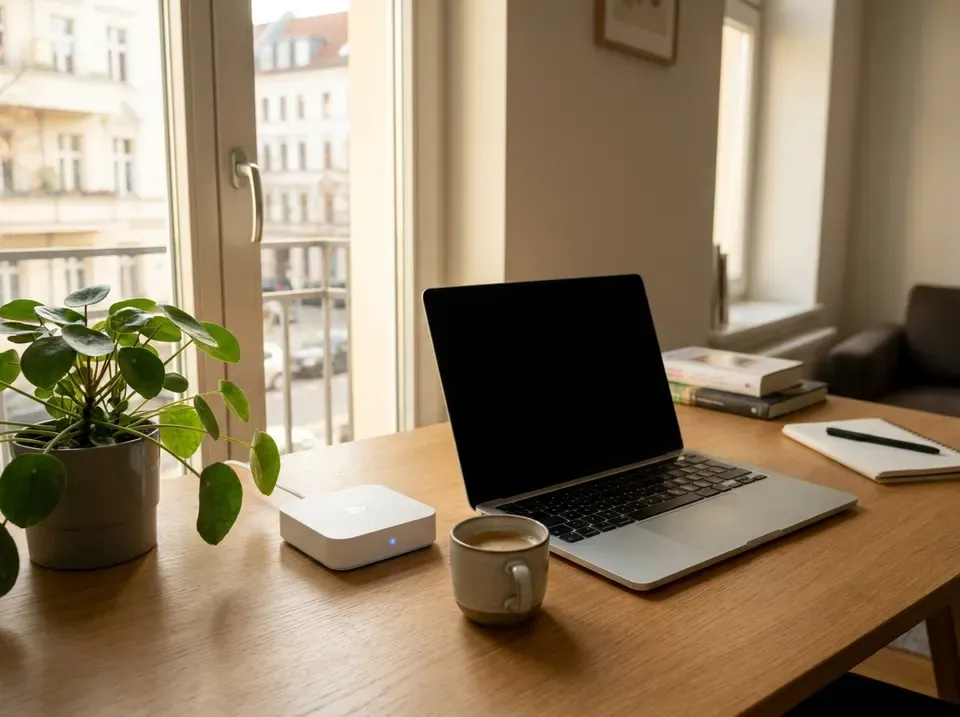 Laptop und WLAN-Router auf einem Schreibtisch zu Hause