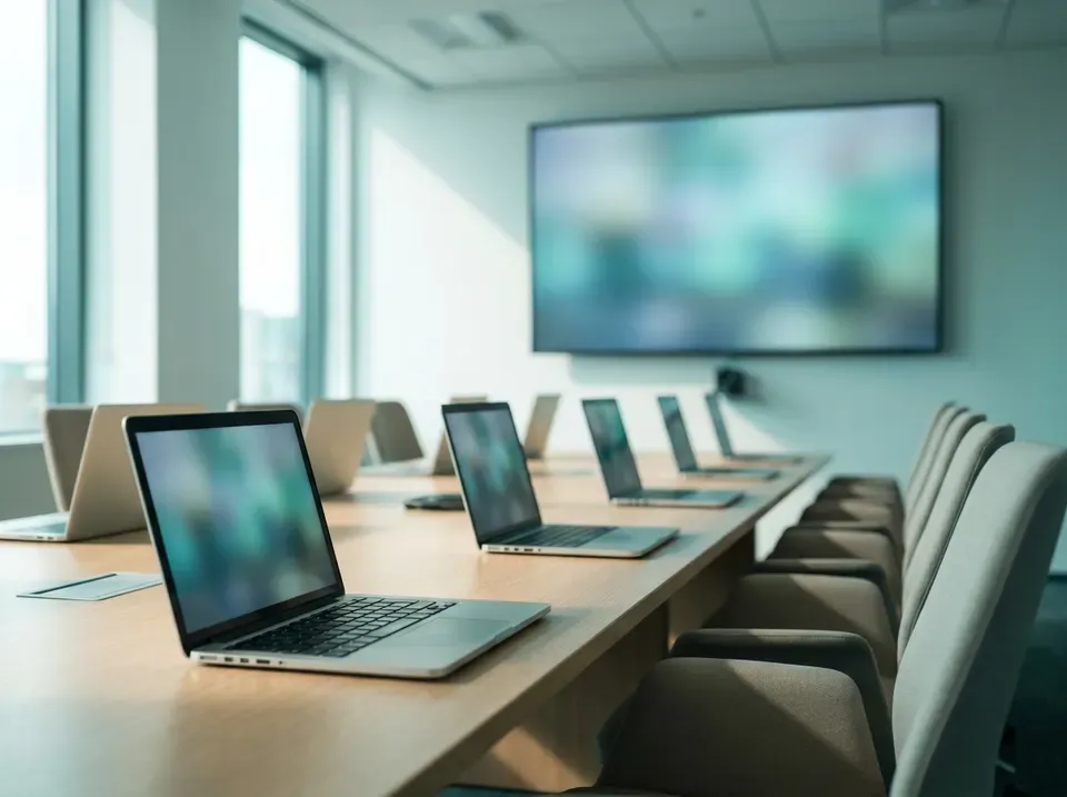 Schulungsraum mit vorbereiteten Laptops