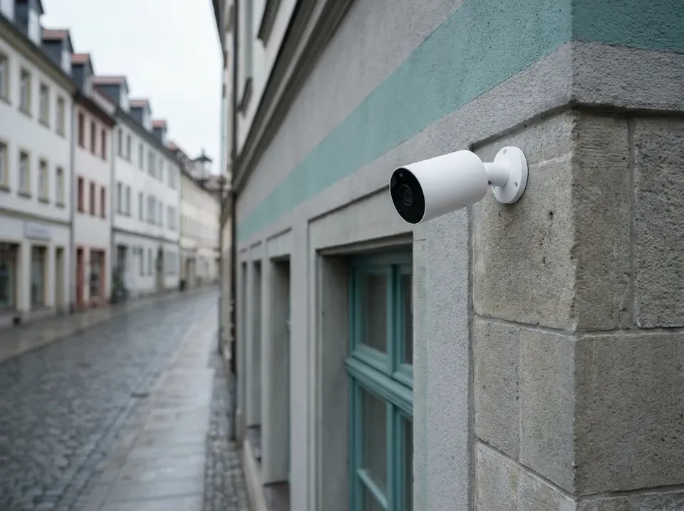 Kompakte Überwachungskamera an einer Gebäudeecke