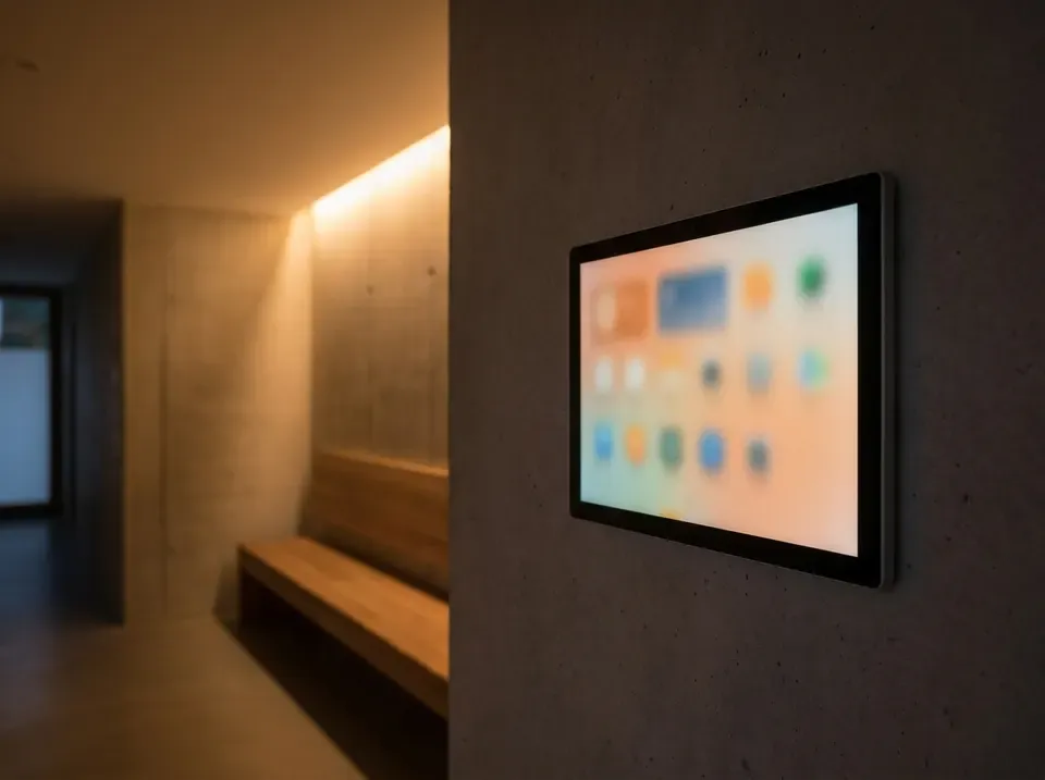 Smart-Home-Bedienpanel an der Wand eines Wohnhauses