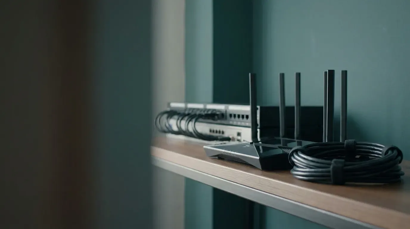 Router und sauber gebündelte Netzwerkkabel