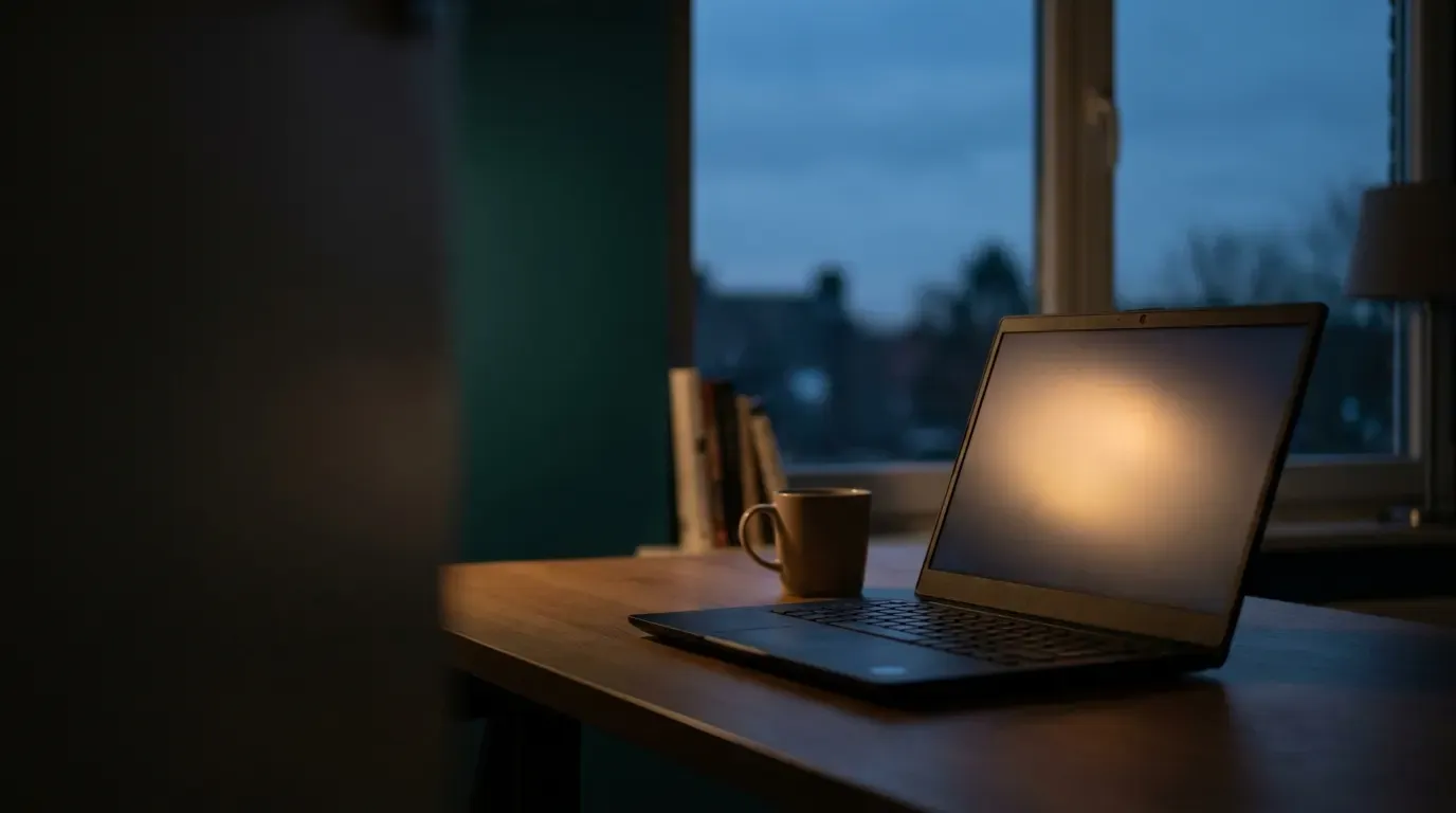 Laptop auf einem Schreibtisch in der Abenddämmerung